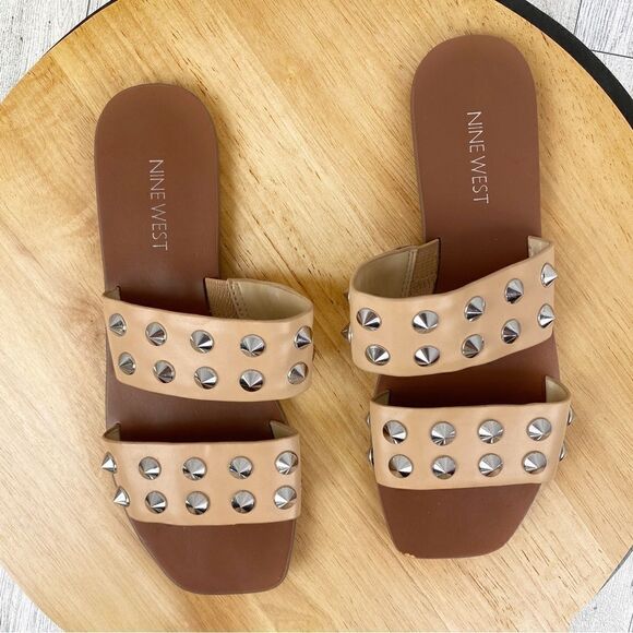 Nine West Brynli3 Studded Dual Strap Slide Sandals Tan Silver 7 - Picture 11 of 11